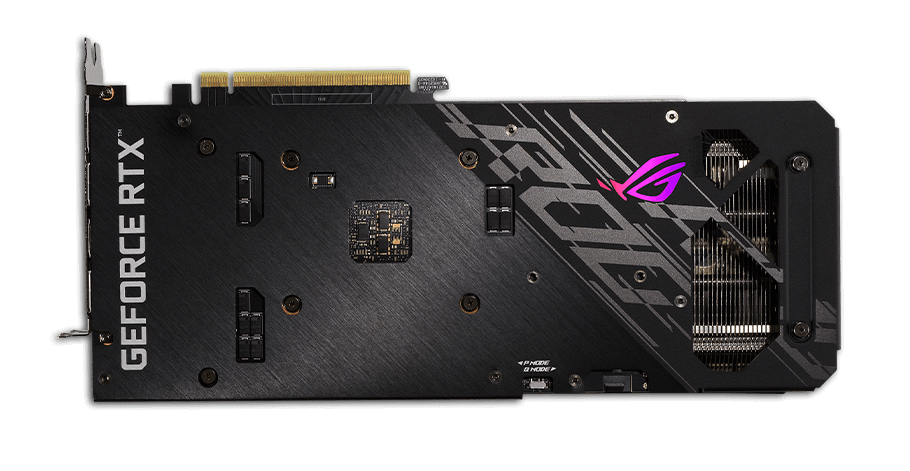 ROG STRIX RTX 3050 top view showing vented backplate and shortened circuit board