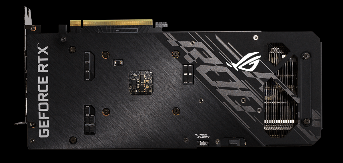 ROG STRIX RTX 3050 top view showing vented backplate and shortened circuit board