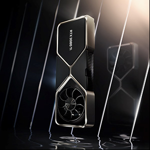 Front view of NVIDIA RTX 30 Series Founders Edition graphics card standing vertically