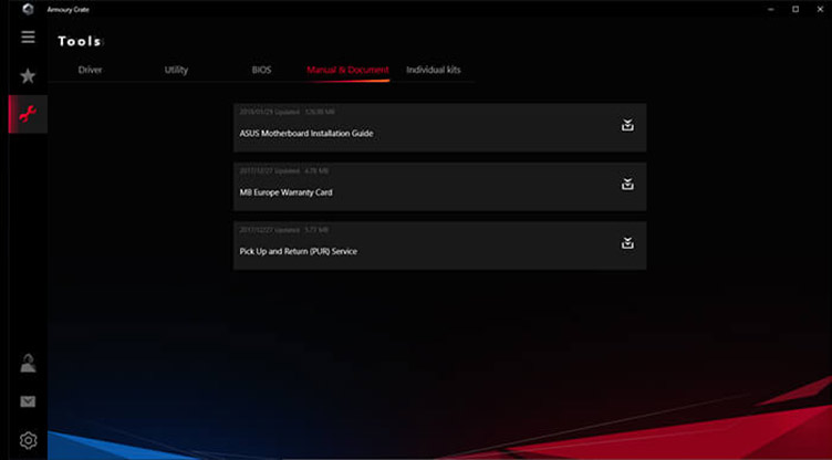 Screenshot of Armoury Crate Driver & Manual Download interface