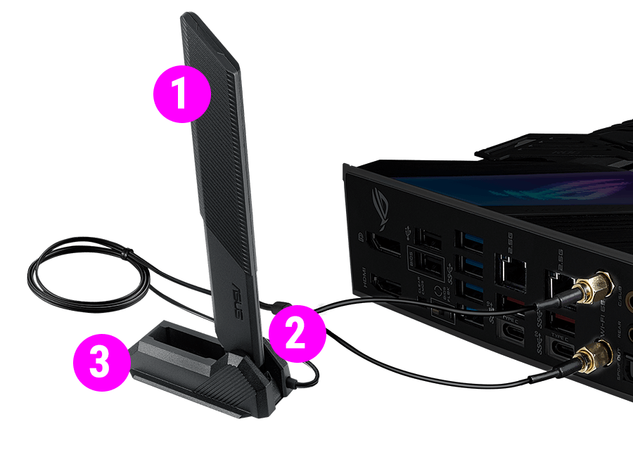 Rear view of ROG Strix Z590-E Gaming WiFi with connected WiFi 6E antenna