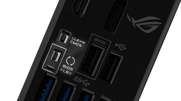 Closeup of ROG Strix Z590-E Gaming WiFi Clr CMOS and BIOS FlashBack buttons