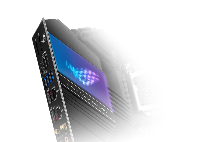 Closeup of ROG Strix Z590-E Gaming WiFi pre-mounted I/O shield