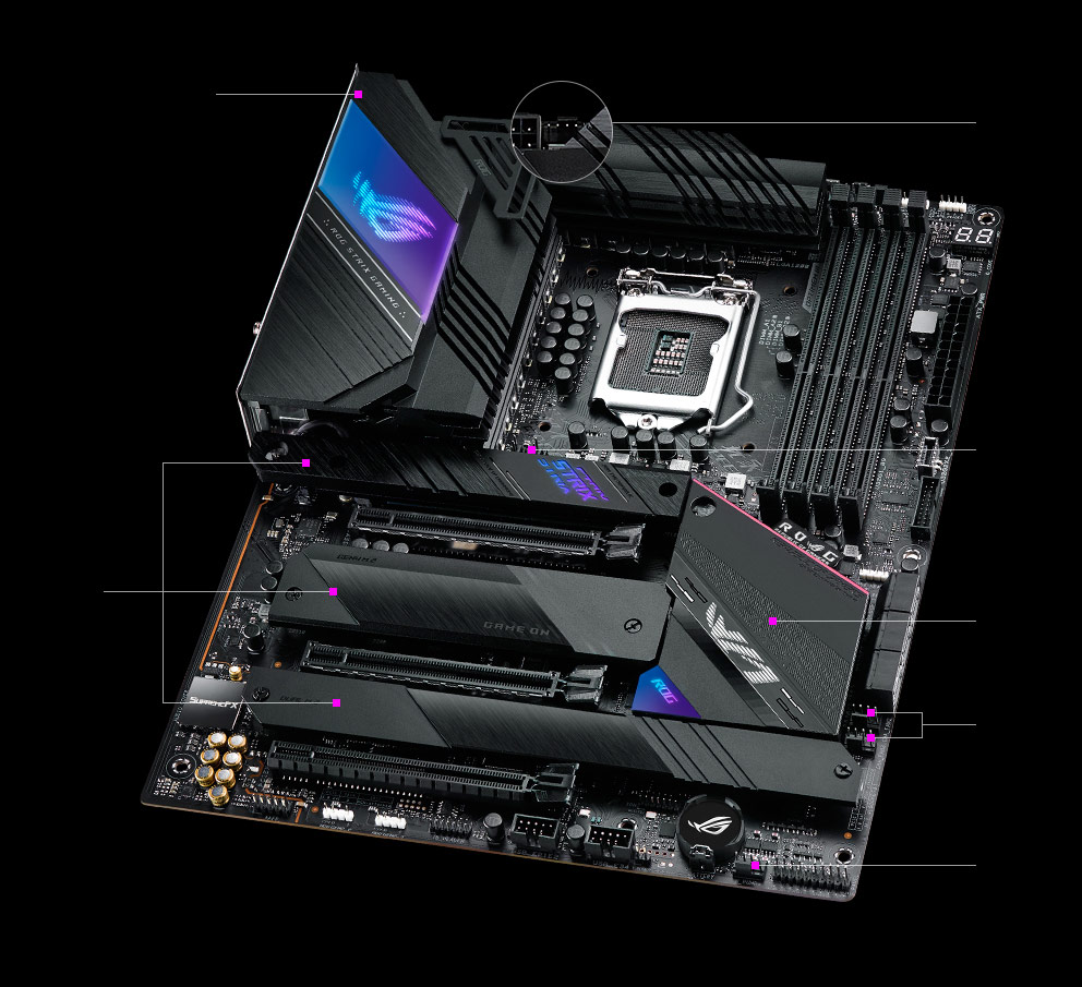 ROG Strix Z590-E Gaming WiFi angled view with multiple feature highlights