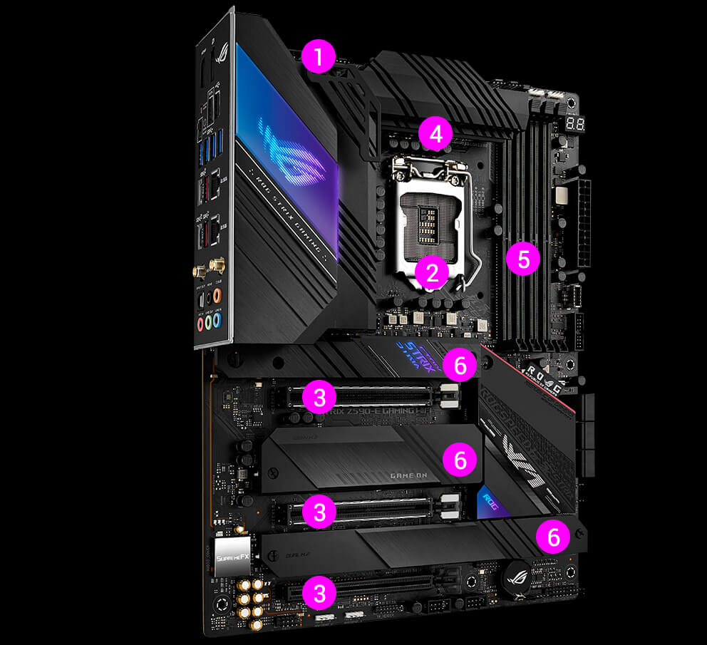 ROG Strix Z590-E Gaming WiFi front view with multiple feature highlights