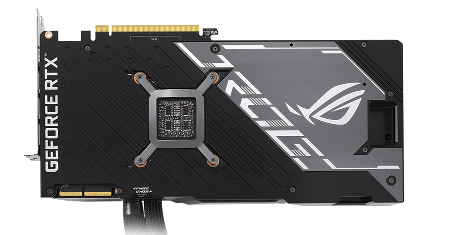 ROG STRIX LC RTX 3090 TI OC EDITION top view featuring cold plate and Dual BIOS switch