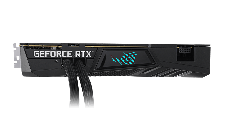 ROG STRIX LC RTX 3090 TI OC EDITION side view showing RGB ROG logo