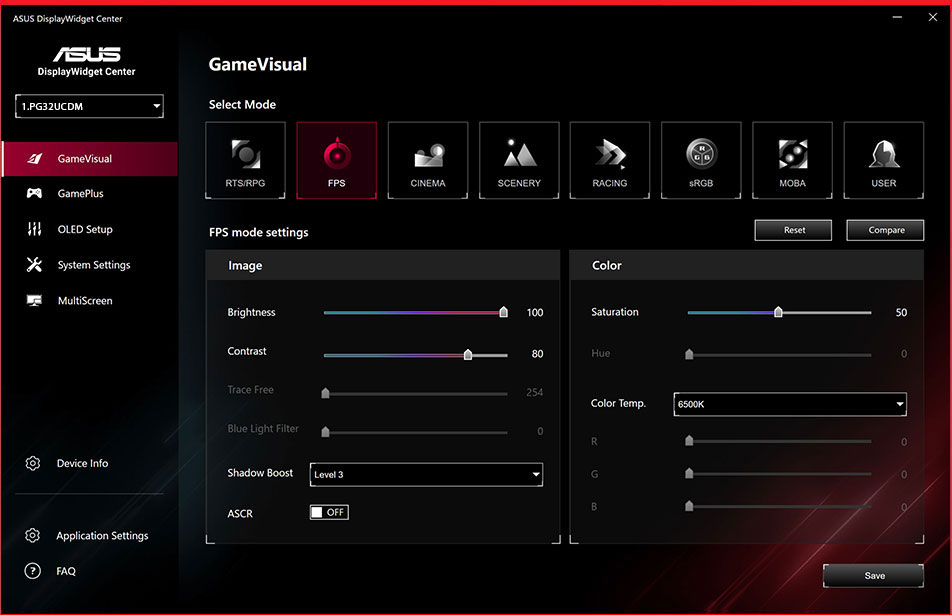 Zrzut ekranu – nowy interfejs użytkownika oprogramowania ASUS DisplayWidget Center pokazuje ustawienia systemowe, funkcje OLED i inne.