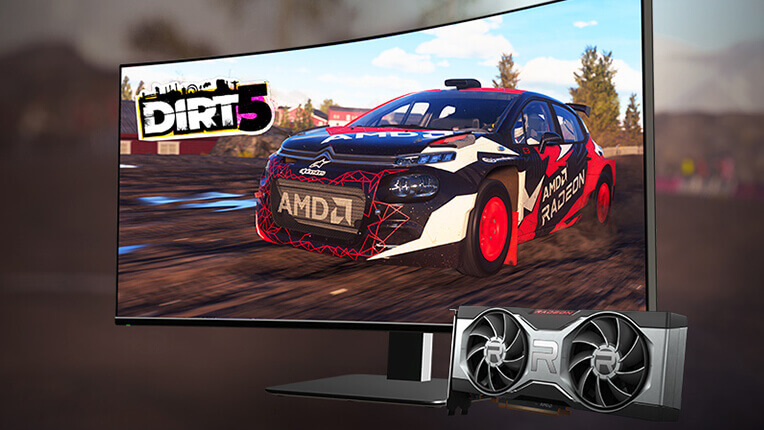 Dirt 5 game artwork displayed on monitor with AMD Radeon graphics card placed in front