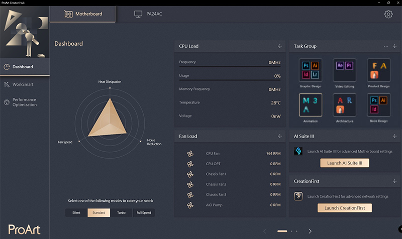 The user interface of the ProArt Creation Hub.