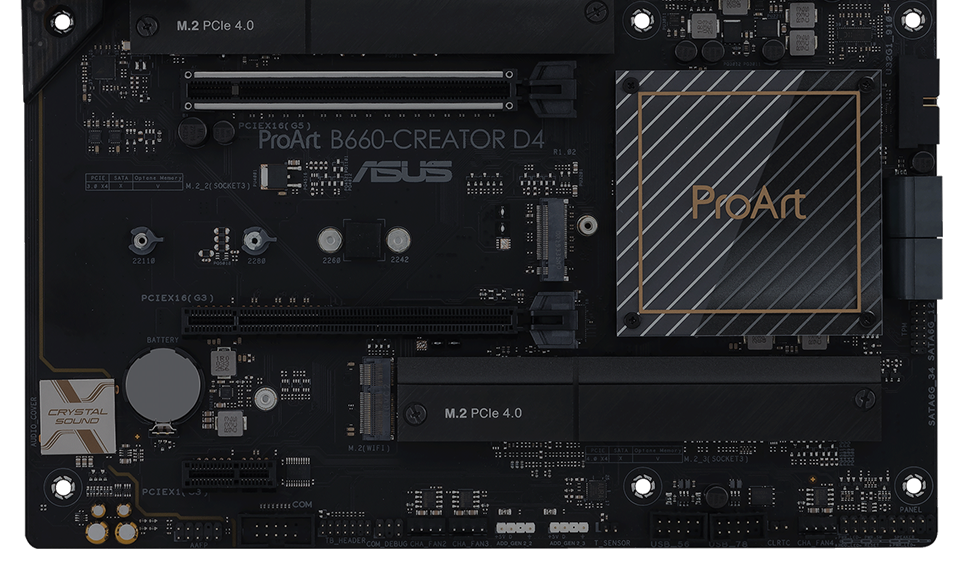 Top view showing three PCIe slots which are PCI 5.0 x16, PCIe 3.0 x16 and PCIe 3.0 x1  on ProArt B660-Creator D4.