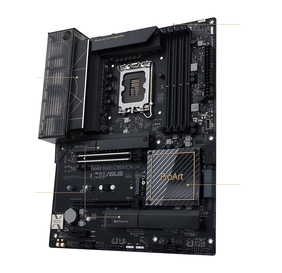 Top view of ProArt B660-Creator D4 detailing cooling features.