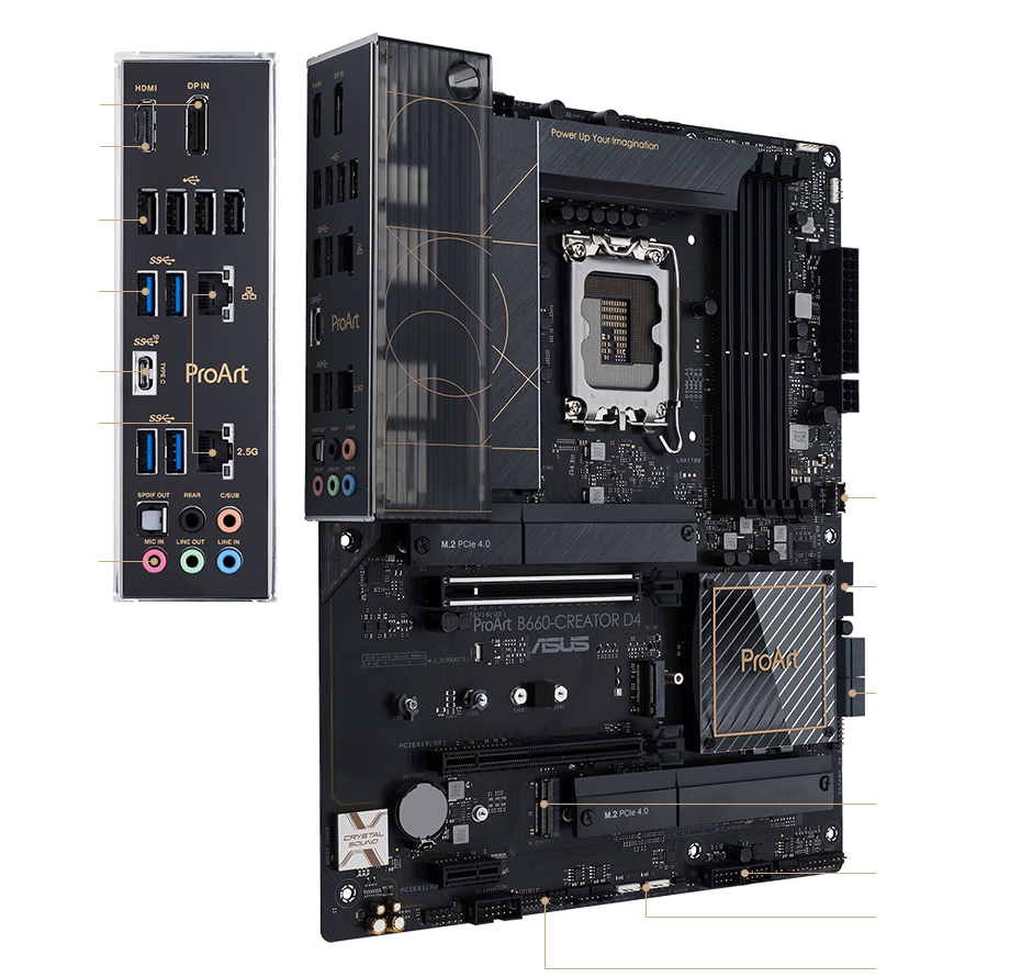 Side-angle view of ProArt B660-Creator D4 detailing connectivity options.