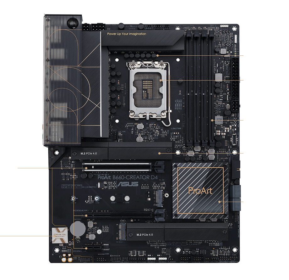 Top view of ProArt B660-Creator D4 detailing key features such as audio and expansion slots.