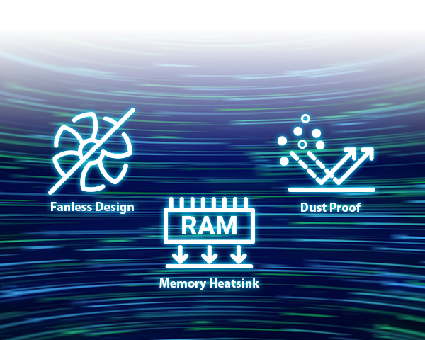 Fanless design ico, Memory heatsink design icon and Dust-proof design icon