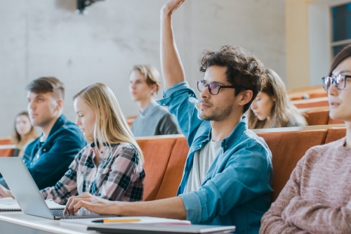 Student raising their hand in a classroom