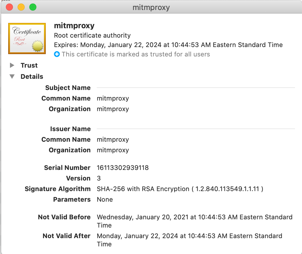 mitmproxy certificate proxy always trusted