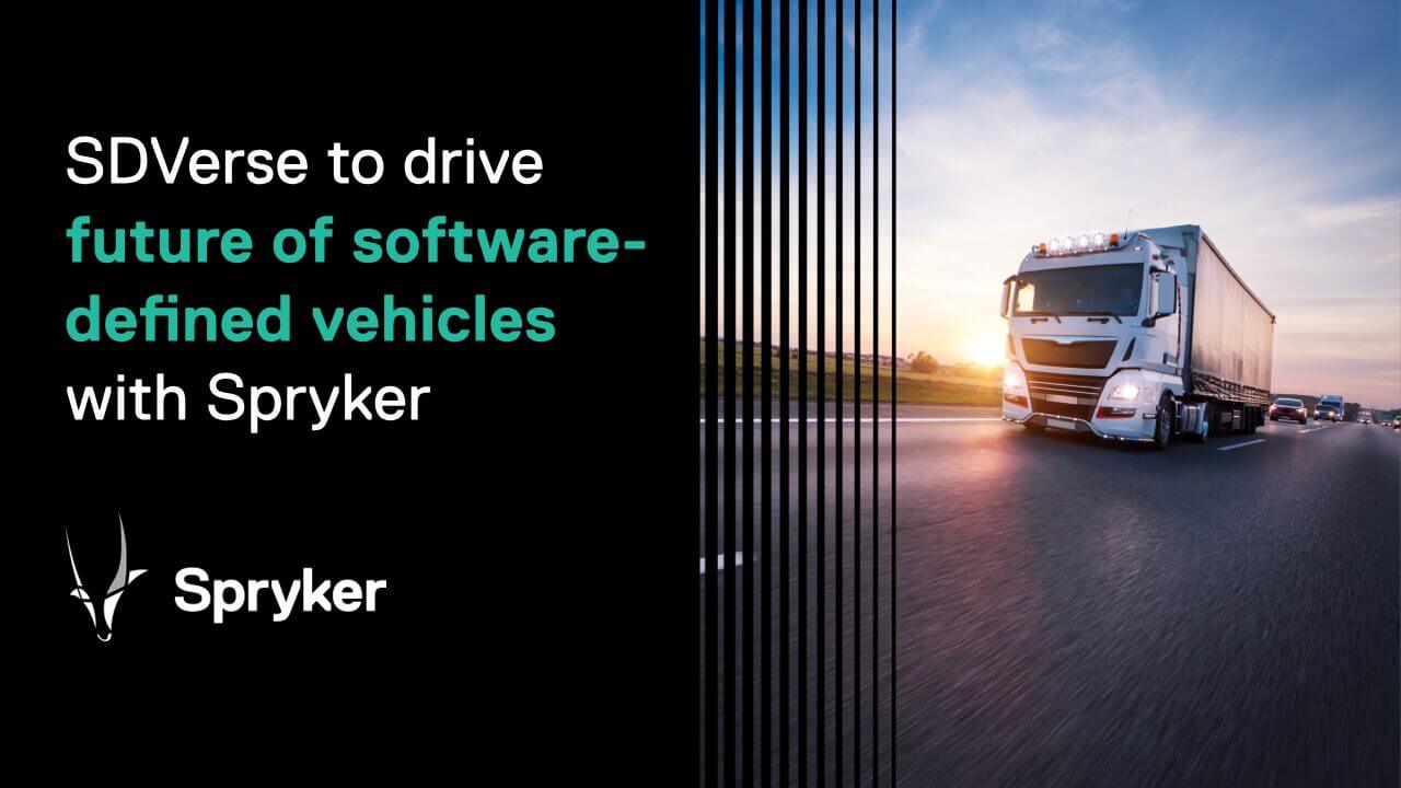 A white truck drives on a highway at sunset. The text on the left reads, "SDVerse to drive future of software-defined vehicles with Spryker." The SDVerse logo is displayed below the text.