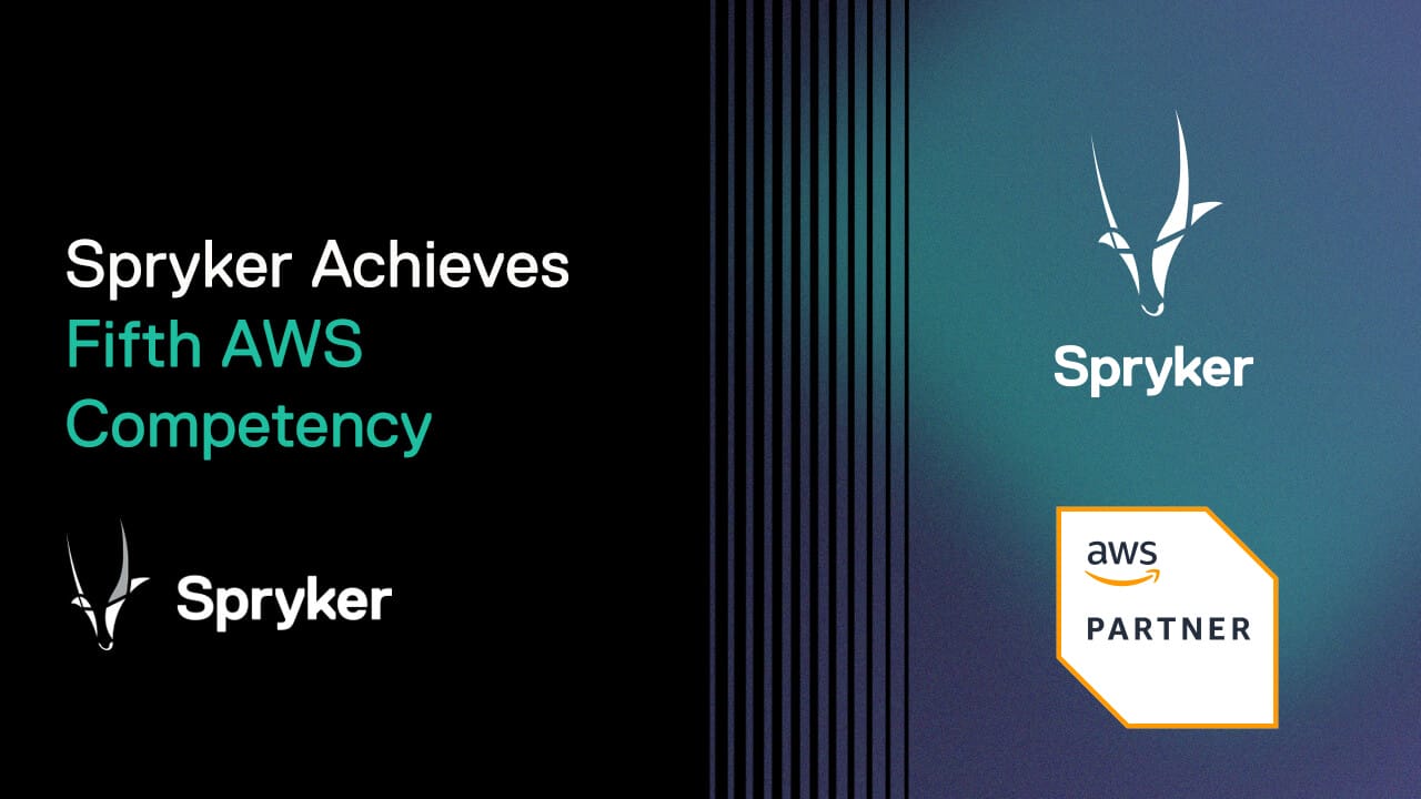 Spryker achieves its fifth AWS competency, showcasing its expertise in the SDVerse. The image features the Spryker logo and an AWS Partner badge.