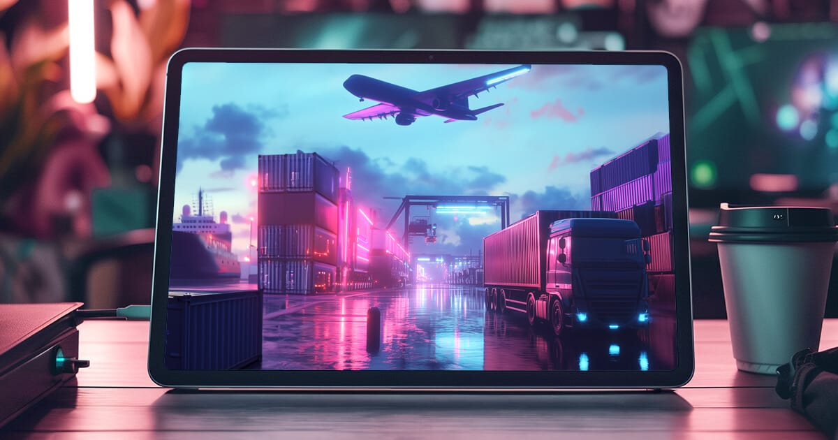 A digital tablet displays an animated scene with a cargo plane flying over a shipping yard with containers and trucks at dusk, surrounded by neon lights. A coffee cup is placed beside the tablet, subtly emphasizing the importance of supply chain management in modern logistics.