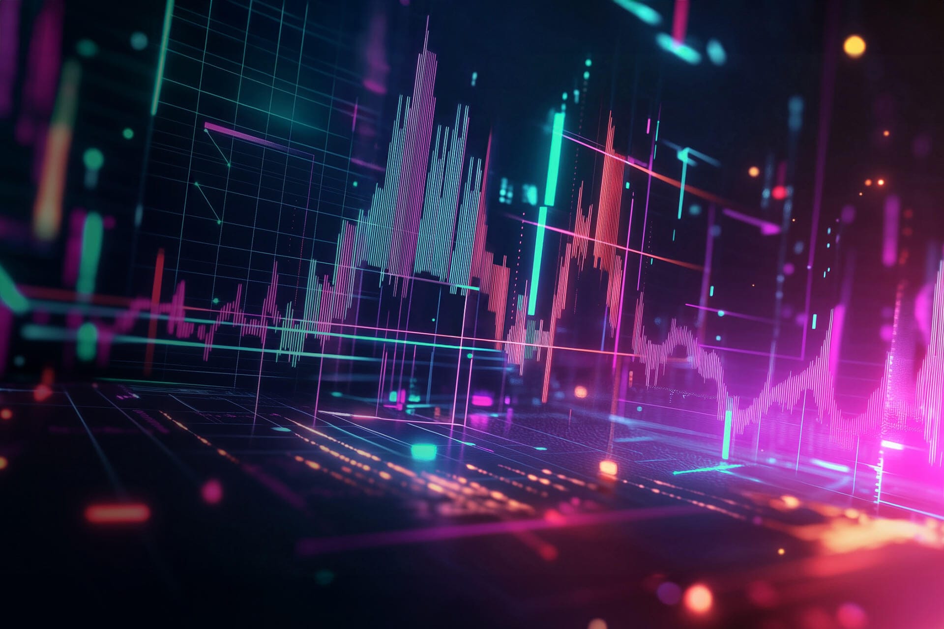 A colorful, abstract digital representation of a financial graph with fluctuating data points and grid lines, illuminated in neon hues of pink, purple, blue, and green, reflecting the dynamic complexities of supply chain management.