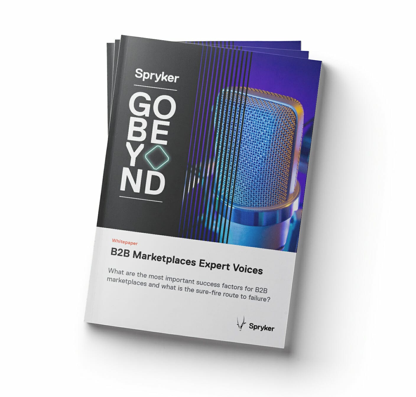 Cover of a whitepaper titled "B2B Marketplaces Expert Voices" by Spryker, featuring an image of a microphone with the text "GO BEYOND" in large letters. Discover invaluable B2B marketplace tips from industry leaders.