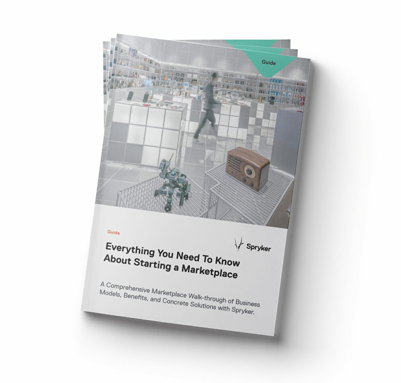 A booklet from Spryker, titled "Everything You Need To Know About Starting a Marketplace," features a futuristic store interior on the cover.