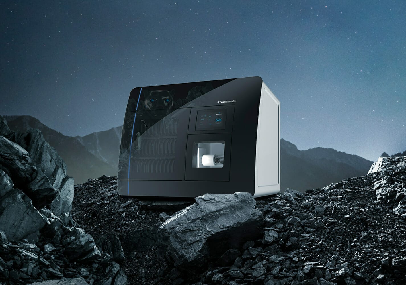 A modern espresso machine is placed on rocky terrain under a night sky, with mountains visible in the background, evoking the robust performance of AWS in rugged environments.