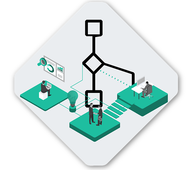 Illustration of a flowchart with two people discussing, one person using a computer, and another presenting data on a screen, symbolizing collaboration and data analysis in the context of state machine dynamics.