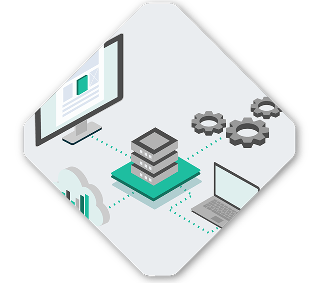 Diagram illustrating a data network with a central server connected to a monitor, laptop, cloud storage, and gears representing processing, integration, and state machine operations.