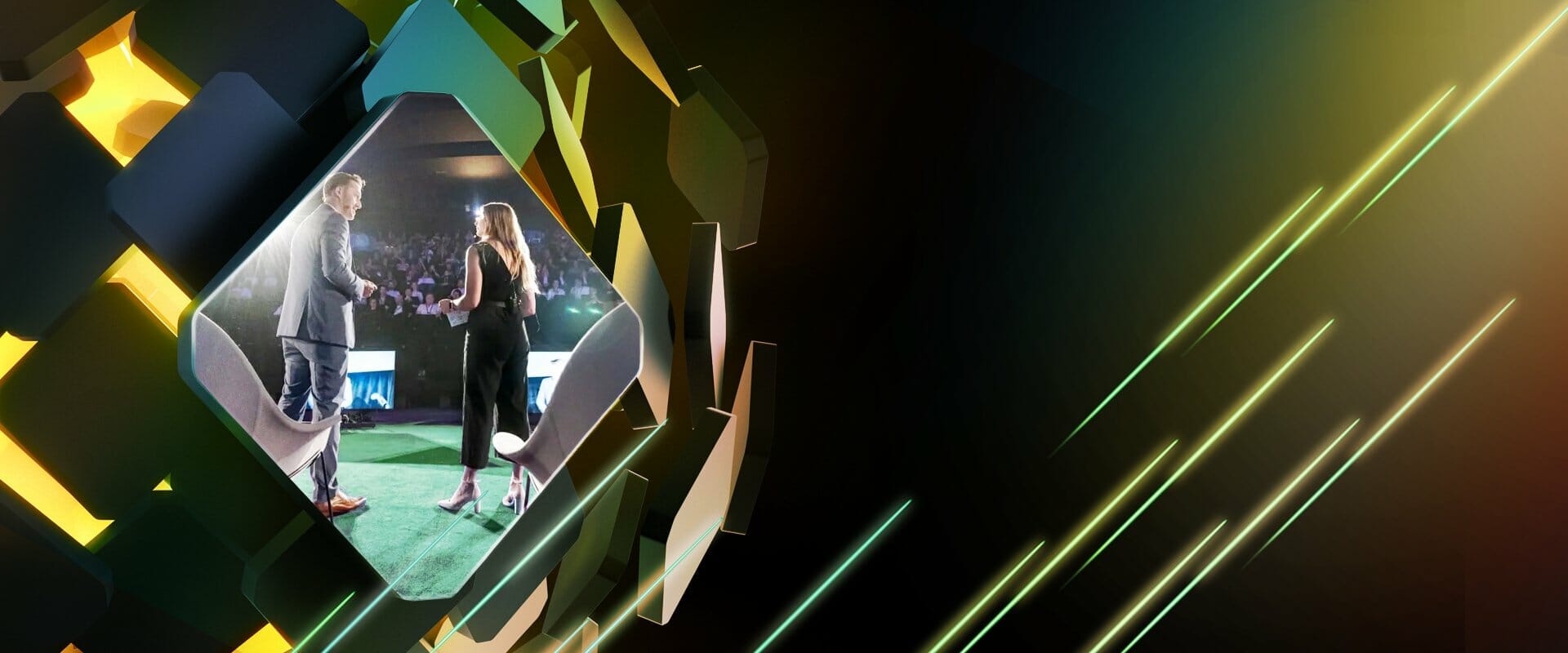 Two individuals are shaking hands on a stage with an audience in the background at Spryker EXCITE 2023. The scene is framed by a geometric design with vibrant green and yellow accents.