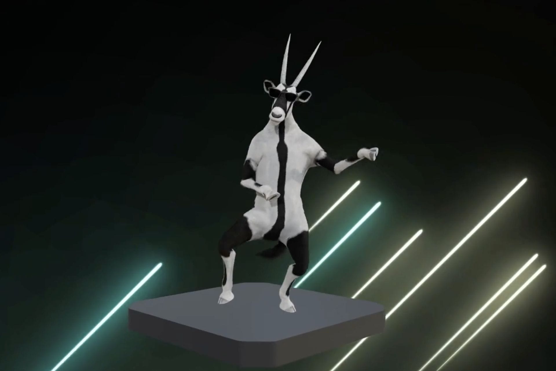 A 3D-rendered goat stands on a platform in a dynamic pose against a dark background with diagonal light streaks, capturing the energy of Spryker EXCITE 2023.