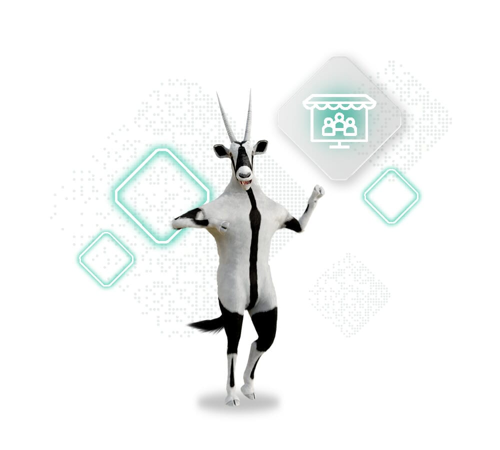 A digitally rendered oryx stands on one leg with forelegs raised. The background features geometric shapes and an icon resembling a multi-brand selling storefront bustling with people.