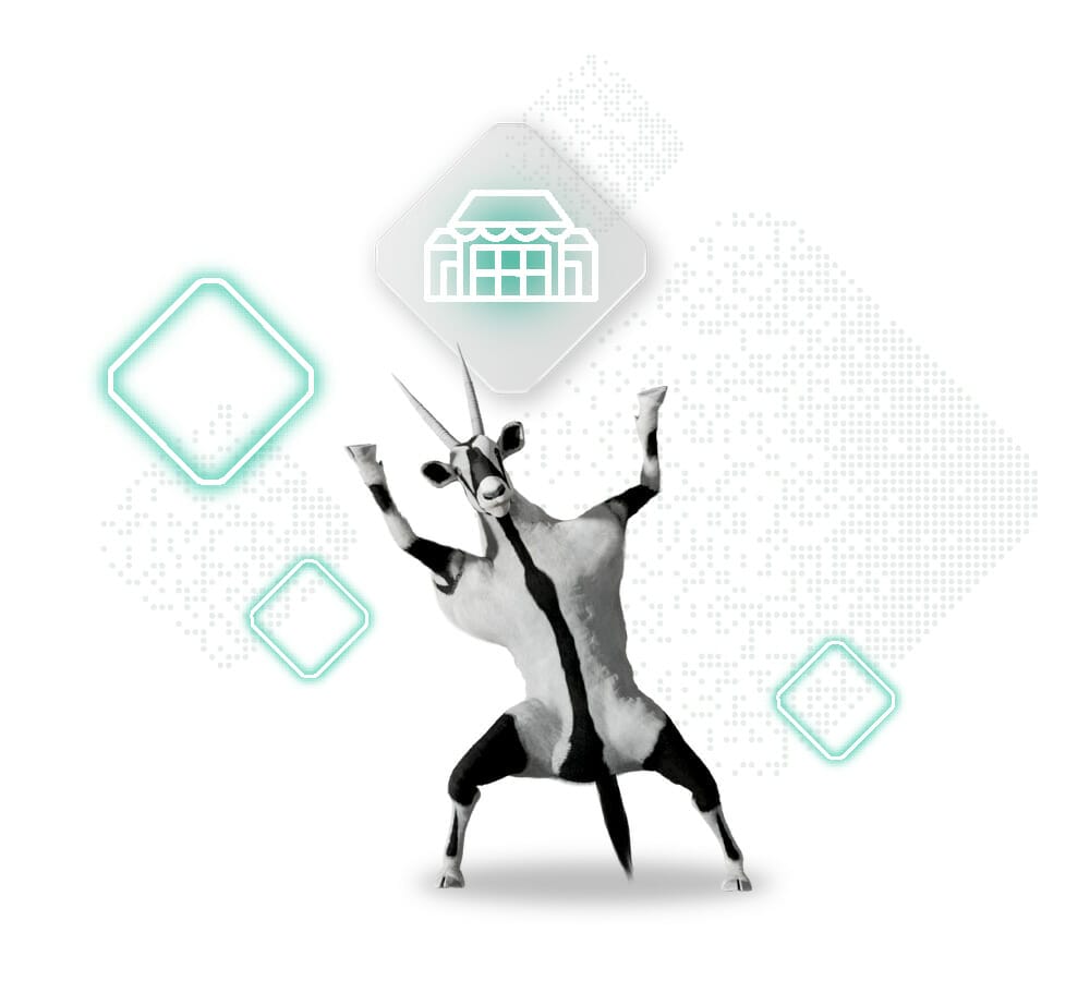 A stylized image of a gemsbok standing on two legs with front legs raised, featuring geometric shapes and an icon of a building in the background, evokes the streamlined convenience of Buy Online Pick-up in Store.