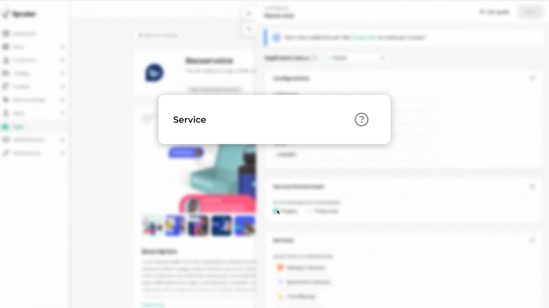 A webpage interface shows a blurred background with a pop-up window in focus. The pop-up displays the label "Service" followed by a question mark icon. Various colorful icons are partially visible below, enhancing the app composition platform's dynamic design features.