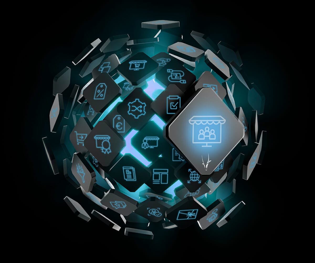 A glowing sphere composed of numerous floating icons, representing various digital and technological concepts, dominates a dark background, evoking the dynamic environment of a Spryker Marketplace.