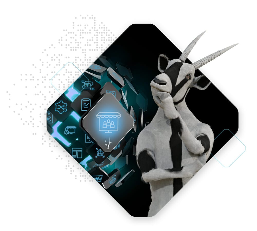 A digitally rendered goat is depicted in a thoughtful pose against a futuristic background featuring technological icons, with a central holographic symbol of a Spryker Marketplace store bustling with people.