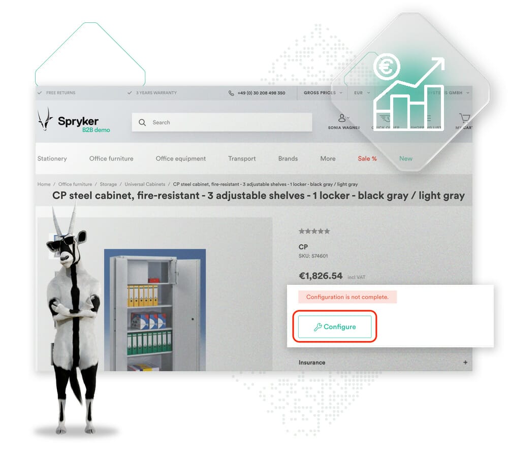 Screenshot of an online store listing for a CP steel cabinet with a cow cartoon mascot. Highlight on a "Configure" button and a "Configuration not complete" message in red, showing the process of selling this complex product.