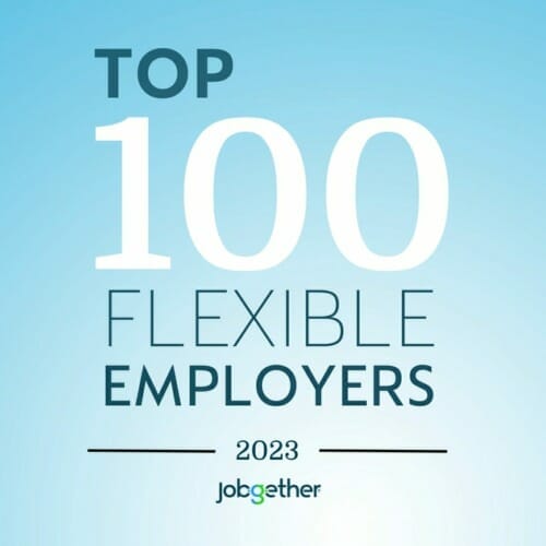 Top 100 Flexible Employers 2023" text on a blue gradient background with the "jobgether" logo at the bottom, perfect for those exploring Spryker careers.