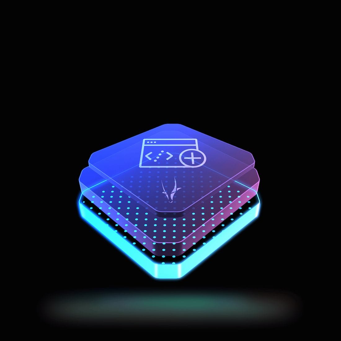 A stylized neon graphic depicts three stacked hexagonal layers. The top layer features a coding window icon, symbolizing a code upgrader and the advancements in technology or software development. The layers glow vibrantly against a black background.