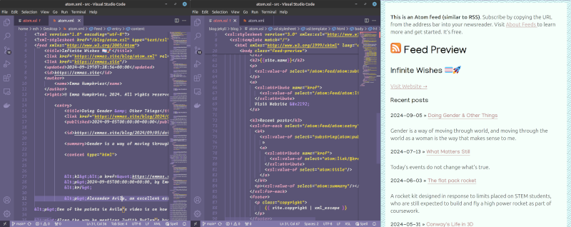 Three images: an Atom feed in a editor, an XSLT file for transforming the previous to HTML, and the resulting HTML document created by applying the XSLT transform to the Atom feed.