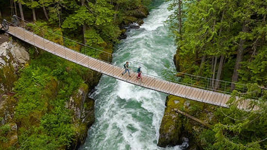 Family walking on a bridge over water