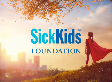 Young girl pretending to be a superhero with SickKids Foundation logo in the centre of image