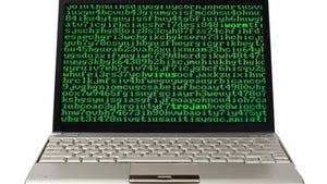 Laptop screen full of alphanumerics with the words virus, worm and trojan emphasized