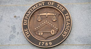 The US Treasury gold seal on a building