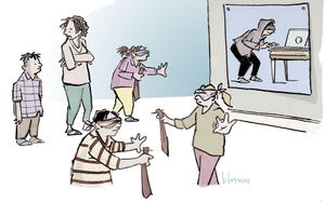 Come up with cartoon caption for people wearing blindfolds playing pin the tail on the hacker