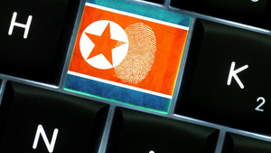 North Korean flag replacing a key on a keyboard with a fingerprint in the middle of it and other letter keys around it