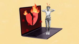 A woman, panicked, standing on an infected Macbook's keyboard