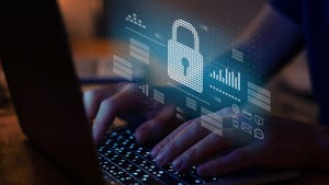 hands typing on a keyboard with a security padlock overlaid above the hands 