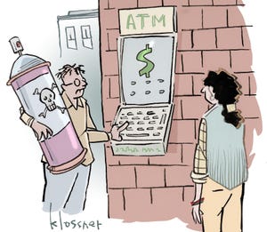 Come up with cybersecurity-related caption for man standing at ATM holding can of bug spray and saying something to woman in front of him